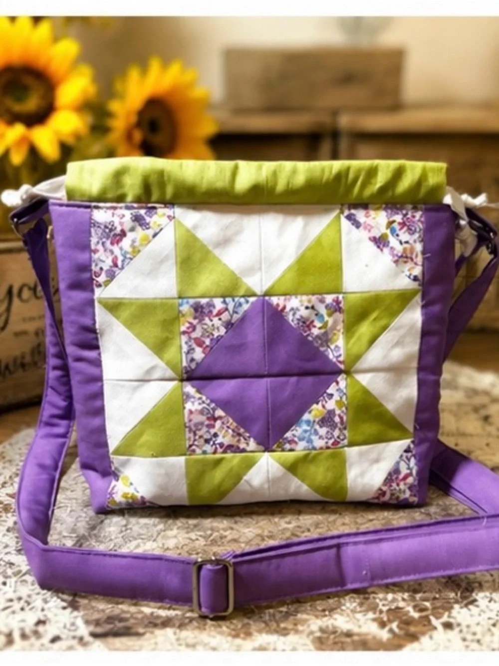 Quilted Patchwork Crossbody Bag in Purple and Green